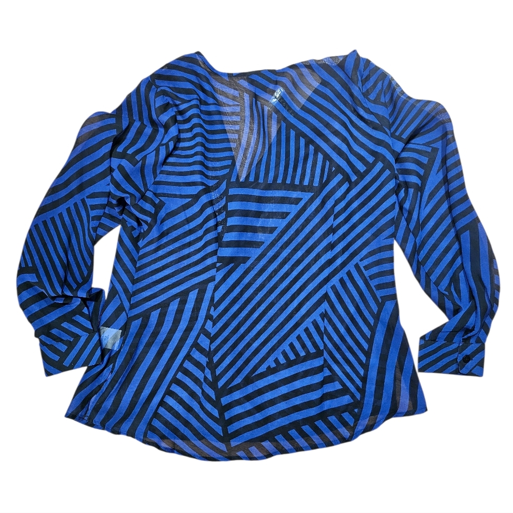Metaphor Blue Black Stripe Geometric Sheer Long Sleeve Blouse Large NWT - Picture 3 of 7